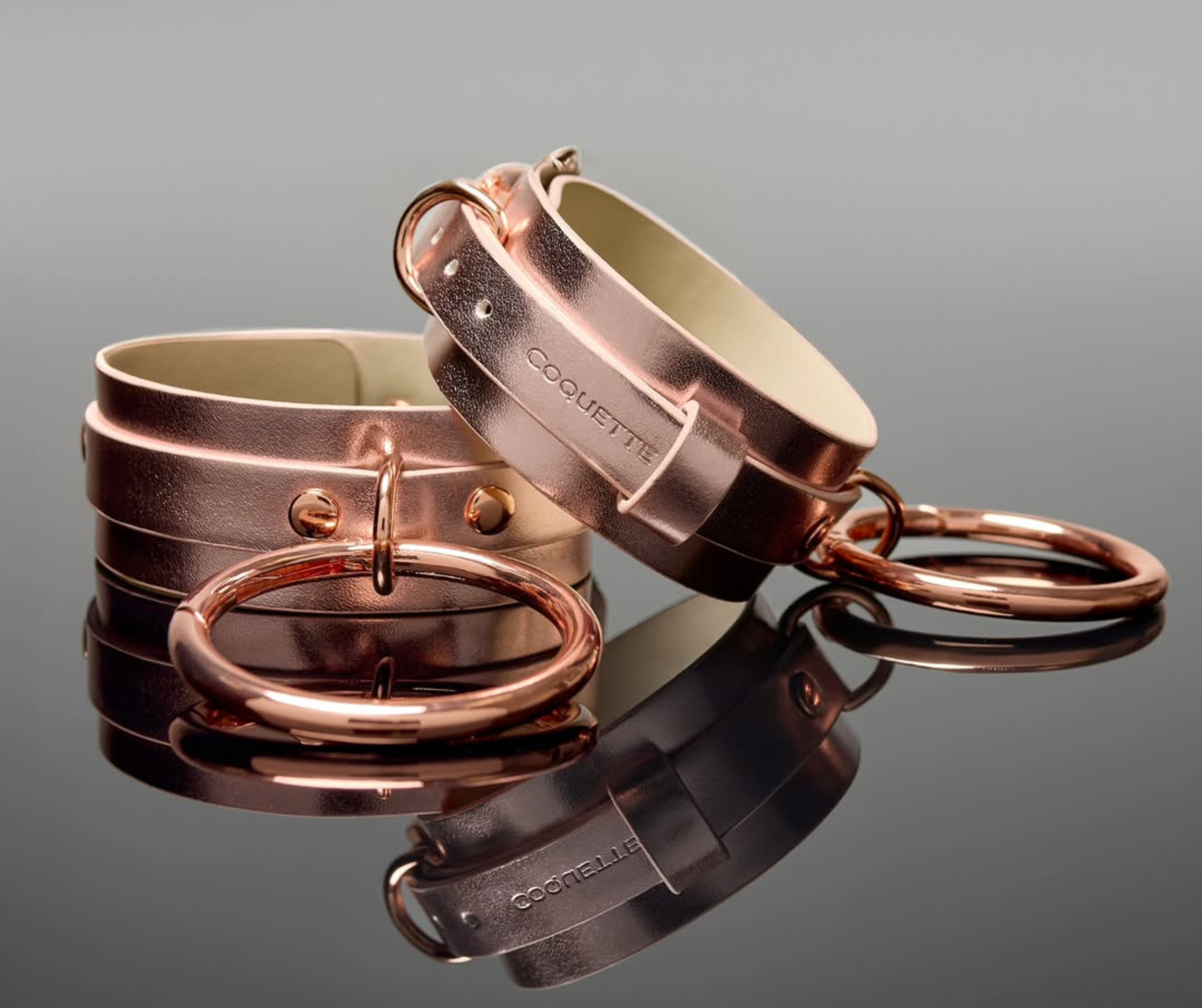 A stylish display of luxury lingerie accessories, including garters, stockings, pasties, gloves, harnesses, whips, eye masks, cuffs, and restraints.