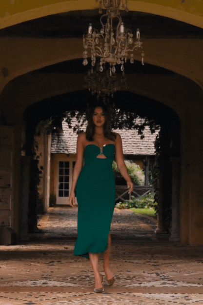 Stone Detail Strapless Knit Midi Dress