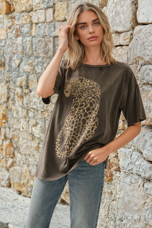 Leopard Distressed Oversize Graphic Tee
