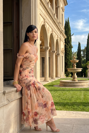 Toscana Ruched Floral Mesh Maxi Dress