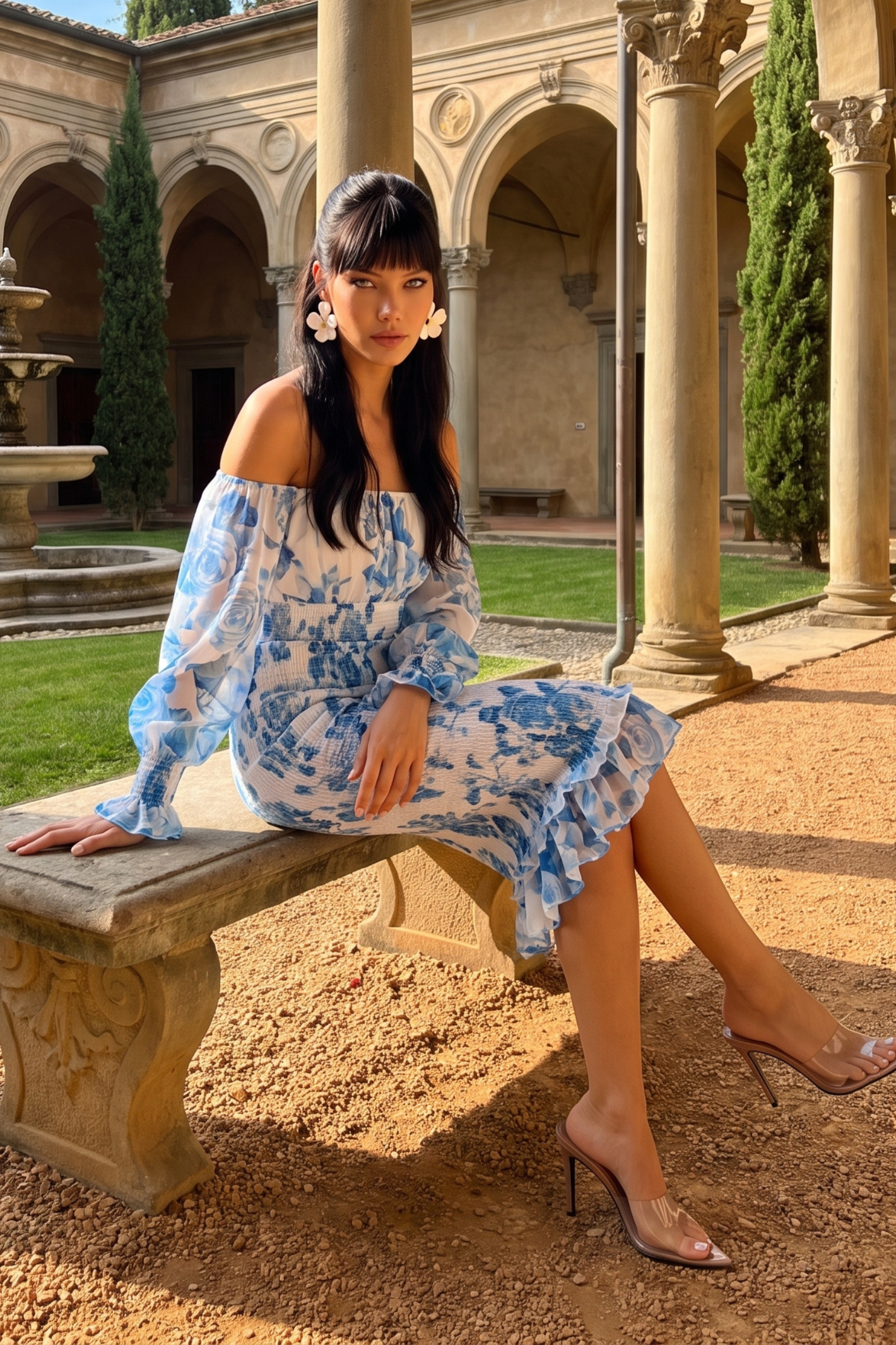 Azure Bloom Midi Dress - Blue