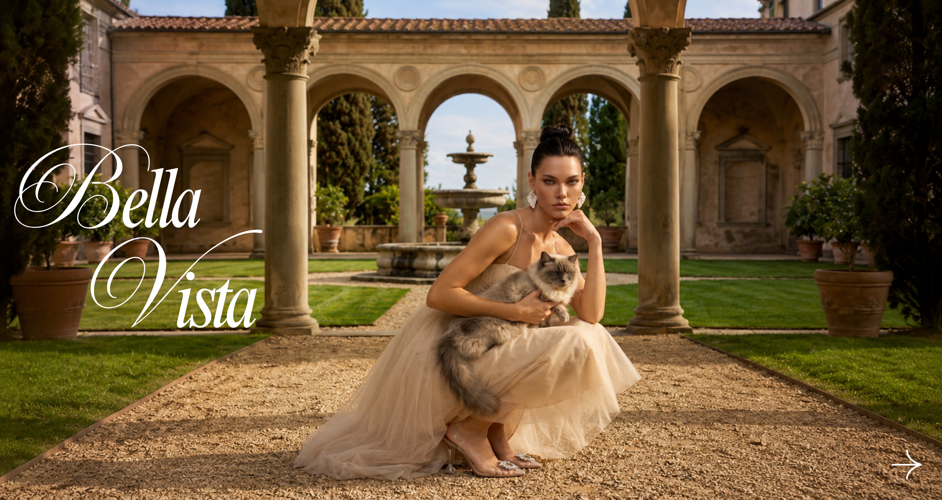 Bella Vista Collection launch campaign banner for Dione Boutique featuring a premium champagne neutral tulle bustier midi dress with a corset bodice, sleek hair high bun, and a fluffy grey ragdoll cat sitting in a luxury Mediterranean villa garden backdrop.