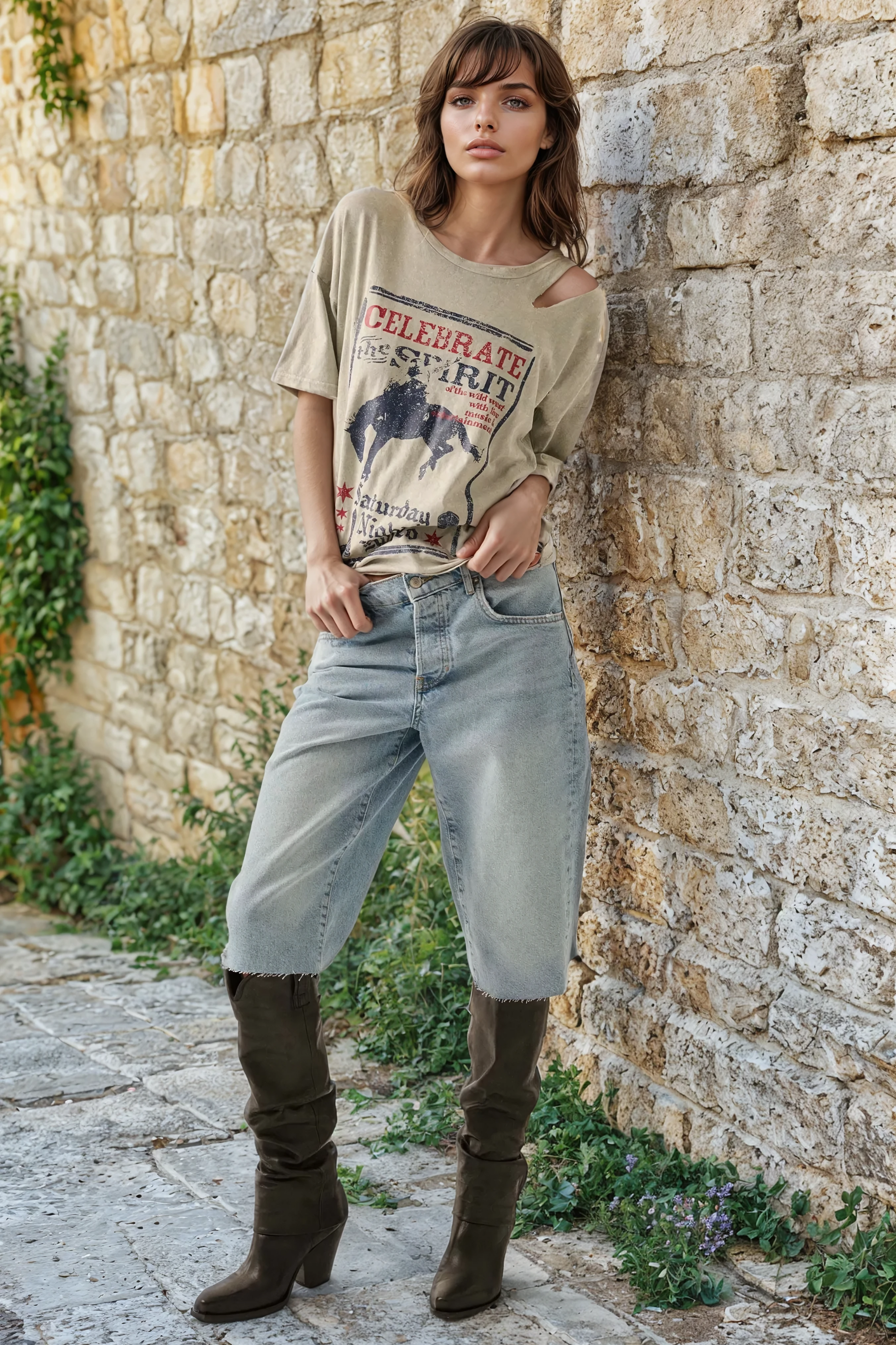Distressed cowboy graphic tee with slashed shoulder cutouts and "Celebrate the Spirit Saturday Night Rodeo" print. 100% cotton, loose fit, designed in LA.