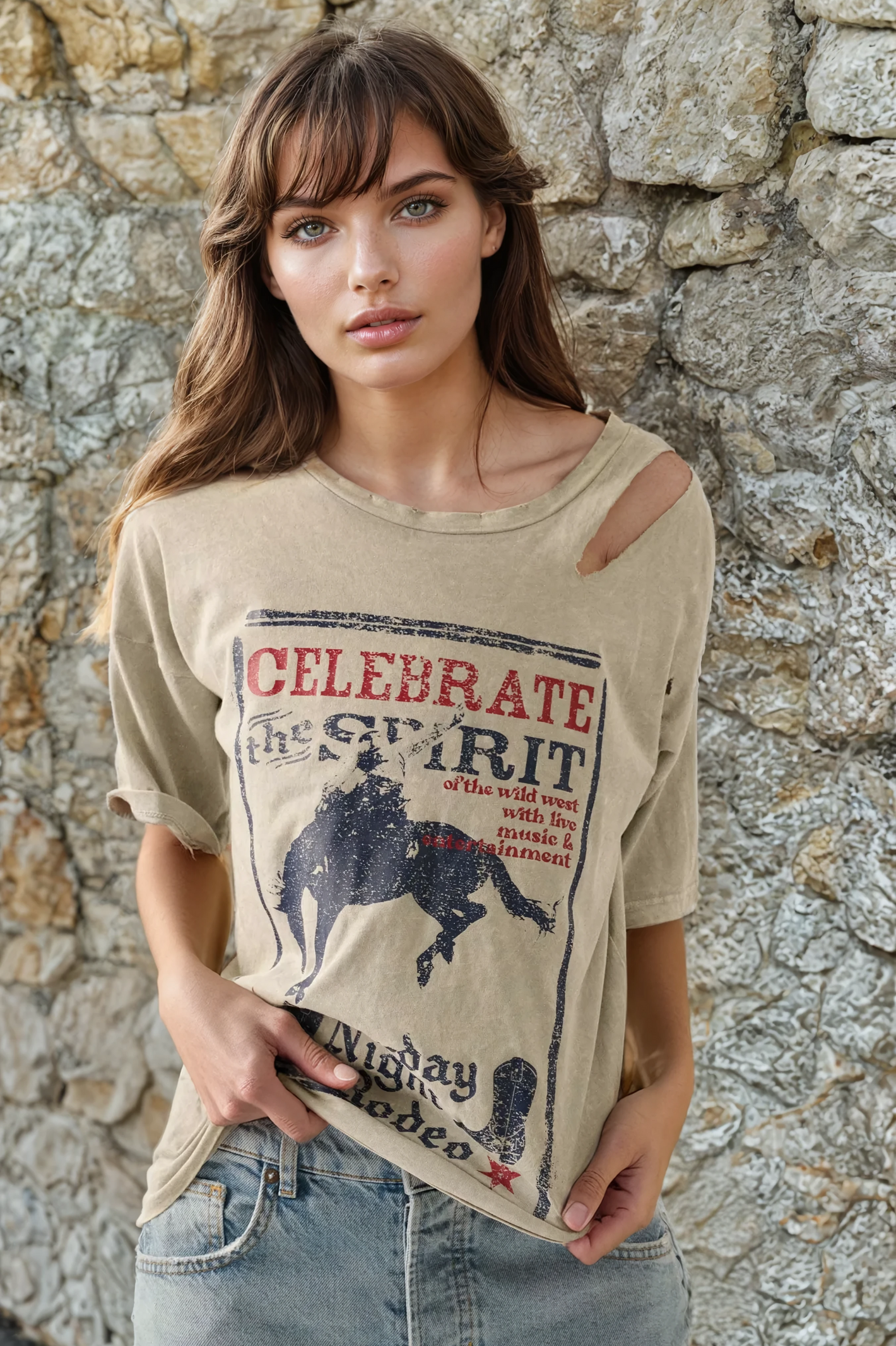 Distressed cowboy graphic tee with slashed shoulder cutouts and "Celebrate the Spirit Saturday Night Rodeo" print. 100% cotton, loose fit, designed in LA.