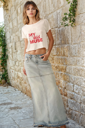Vintage-washed 'My Own Muse' cropped graphic t-shirt with star print, lettuce-edge hem, and relaxed fit.